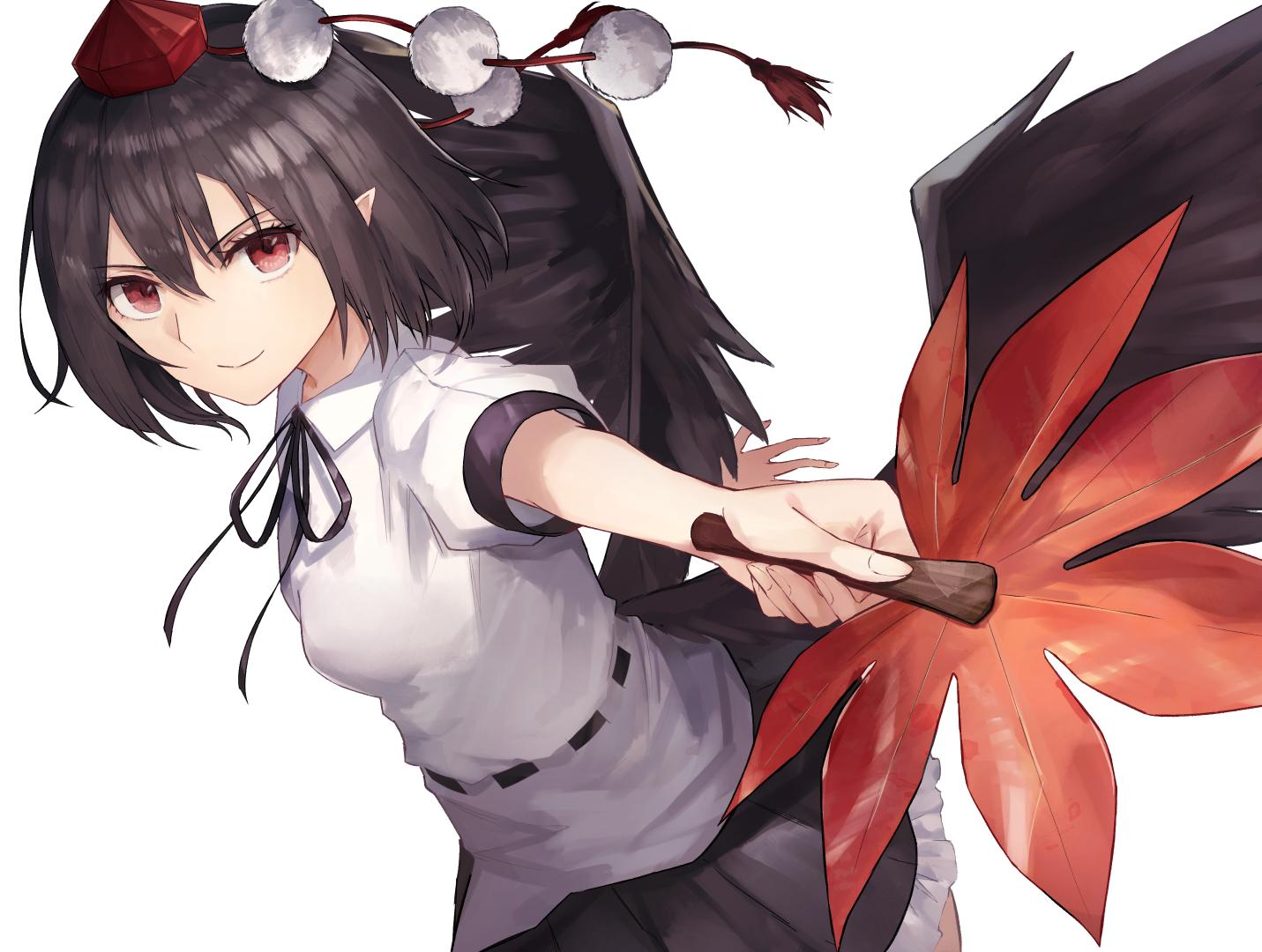 &gt;:) 1girl bangs black_hair black_neckwear black_ribbon black_skirt black_wings breasts commentary_request eyebrows_visible_through_hair fan feathered_wings hair_between_eyes hat holding holding_fan leaf_fan looking_at_viewer medium_breasts miniskirt neck_ribbon petticoat pointy_ears pom_pom_(clothes) puffy_short_sleeves puffy_sleeves red_eyes ribbon shameimaru_aya shirt short_hair short_sleeves sidelocks simple_background skirt smile solo tassel thkani tokin_hat touhou upper_body v-shaped_eyebrows white_background white_shirt wings