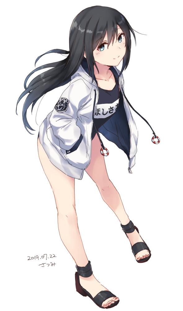 1girl artist_name asashio_(kantai_collection) black_hair blue_eyes blue_swimsuit blush breasts cosplay covered_navel dated eyebrows_visible_through_hair full_body hair_between_eyes hands_in_pockets hood hooded_jacket jacket kantai_collection lifebuoy long_hair long_sleeves looking_at_viewer name_tag old_school_swimsuit one-piece_swimsuit open_clothes open_jacket sandals satsumi school_swimsuit simple_background small_breasts smile solo standing swimsuit swimsuit_under_clothes track_jacket white_background white_jacket yukikaze_(kantai_collection) yukikaze_(kantai_collection)_(cosplay)