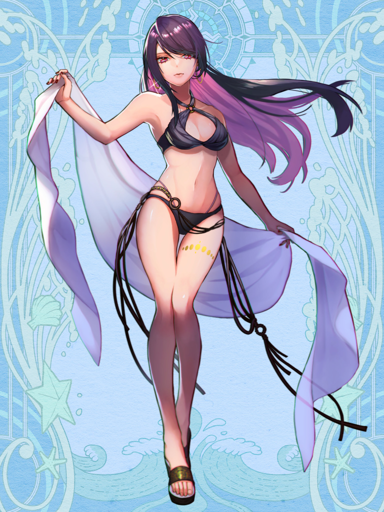 1girl bikini black_bikini black_ribbon blue_background dairoku_youhei earrings full_body jewelry knees_together long_hair looking_at_viewer misty_midnight navel official_art purple_hair red_nails ribbon sandals see-through simple_background solo sparkle standing swimsuit very_long_hair violet_eyes