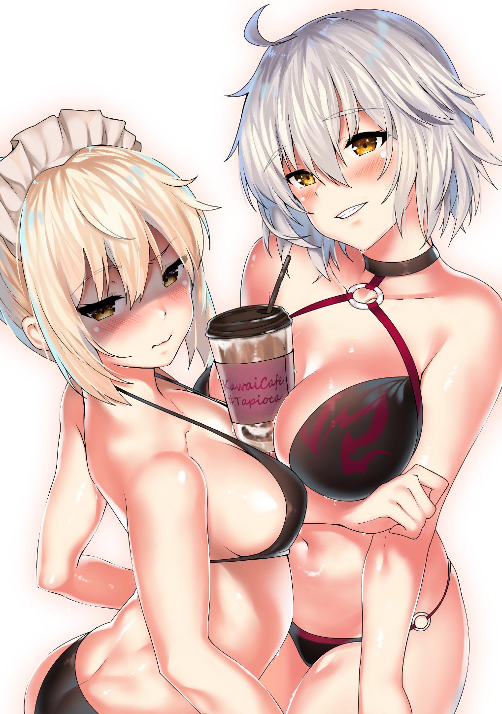 2girls bikini black_bikini black_bikini_bottom black_bikini_top blonde_hair breast_press breasts fate/apocrypha fate/grand_order fate_(series) highres jeanne_d'arc_(alter)_(fate) jeanne_d'arc_(fate) jeanne_d'arc_(fate)_(all) kawai looking_at_viewer maid_headdress multiple_girls open_mouth short_hair silver_hair smile swimsuit tapioka yellow_eyes
