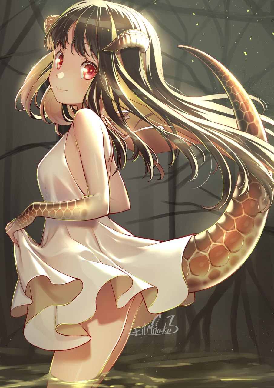 1girl dress highres horns lizard_girl lizard_tail mitake_eiru multicolored_hair original red_eyes scales signature tail tail_raised two-sided_hair two-tone_hair wading