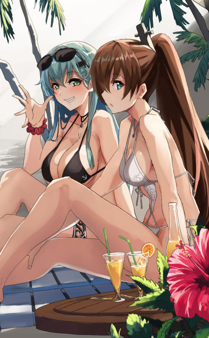 2girls aqua_hair bangs beach bikini black_bikini blue_eyes blush breasts brown_hair choker collarbone commentary cup flower green_eyes grin hair_ornament hairclip hand_up hibiscus kantai_collection kumano_(kantai_collection) large_breasts long_hair looking_at_viewer medium_breasts multiple_girls open_mouth palm_tree ponytail sitting smile stomach suzuya_(kantai_collection) swimsuit table thighlet thighs tree tropical_drink white_swimsuit yashiro_(silver_will)