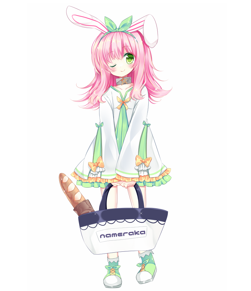 1girl ;) animal_ears bag baguette bangs blush boots bread closed_mouth collarbone dress eyebrows_visible_through_hair food frilled_dress frills full_body green_eyes green_footwear green_hairband green_ribbon hair_between_eyes hair_ribbon hairband holding holding_bag long_hair long_sleeves one_eye_closed original pink_hair rabbit_ears ribbon shikito simple_background sleeves_past_wrists smile solo standing white_background white_dress wide_sleeves