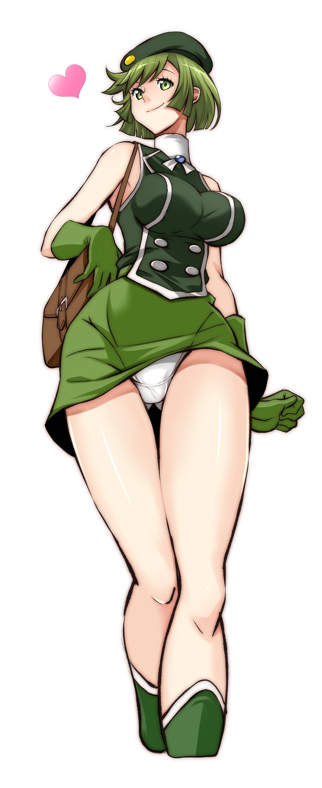 1girl absurdres ass_visible_through_thighs bag bangs beret blouse bob_cut boots breasts brooch carrying closed_mouth commentary cropped_legs crotch_seam cutie_honey gloves green_blouse green_eyes green_footwear green_gloves green_hair green_headwear green_skirt handbag hat heart highres idol_honey itachou jewelry kisaragi_honey large_breasts looking_at_viewer miniskirt panties pantylines pantyshot short_hair simple_background skirt sleeveless_blouse smile solo standing thigh_gap turtleneck underwear white_background white_panties wind wind_lift