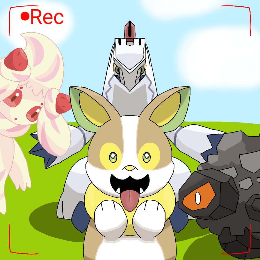 alcremie coal dog duraludon looking_at_viewer metal monterrioashmore no_humans pokemon pokemon_(creature) pokemon_(game) recording rolycoly sky tongue tongue_out whipped_cream yamper