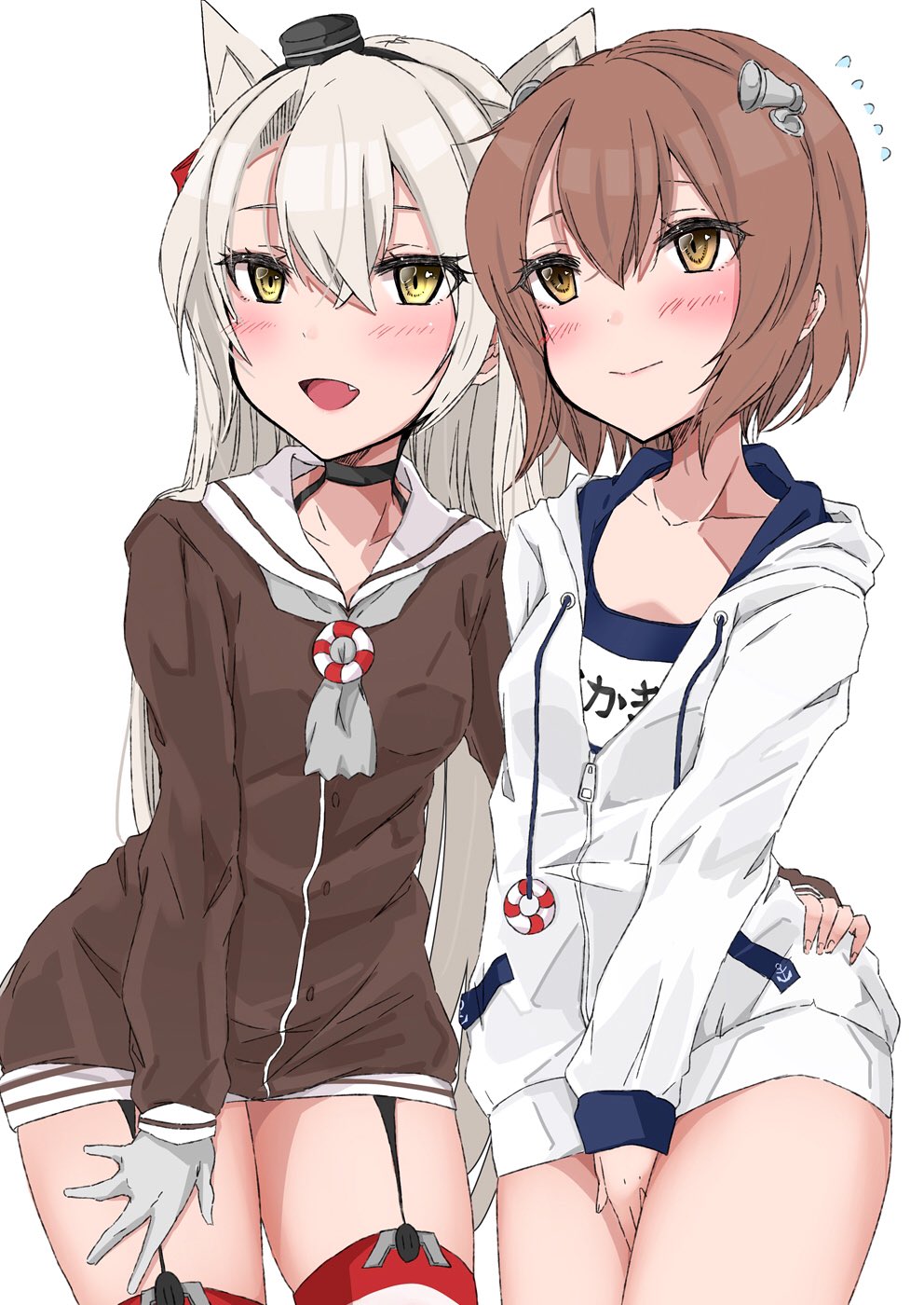 2girls amatsukaze_(kantai_collection) blue_swimsuit brown_dress brown_eyes brown_hair chigasaki_y commentary_request cowboy_shot drawstring dress fang garter_straps gloves hair_tubes highres hood hooded_jacket hoodie jacket kantai_collection long_hair multiple_girls name_tag red_legwear sailor_dress school_swimsuit short_dress short_hair silver_hair simple_background skin_fang smile swimsuit thigh-highs two_side_up white_background white_gloves white_jacket windsock yukikaze_(kantai_collection)