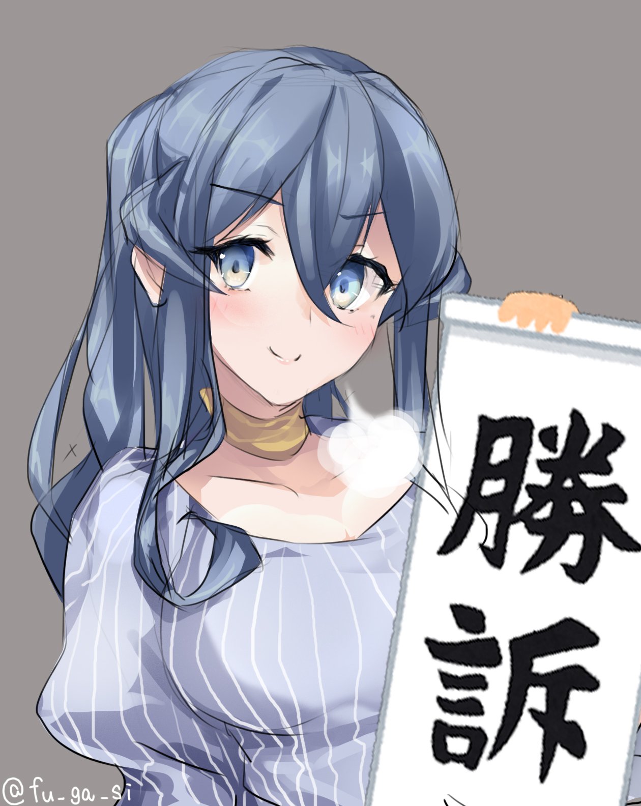 1girl blue_eyes blue_hair blue_shirt breasts choker collarbone fugafugashi gotland_(kantai_collection) grey_background hair_between_eyes highres kantai_collection long_hair looking_at_viewer medium_breasts ponytail shirt simple_background smile solo striped striped_shirt