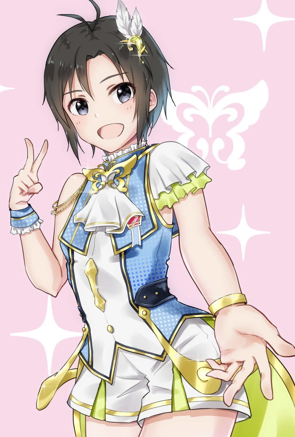 1girl :d antenna_hair asymmetrical_sleeves black_eyes black_hair bracelet cowboy_shot feathers hair_between_eyes hair_feathers highres idolmaster idolmaster_(classic) jewelry kikuchi_makoto looking_at_viewer mogskg open_mouth pink_background shiny shiny_hair short_hair short_shorts shorts smile solo standing v white_feathers white_shorts wrist_cuffs