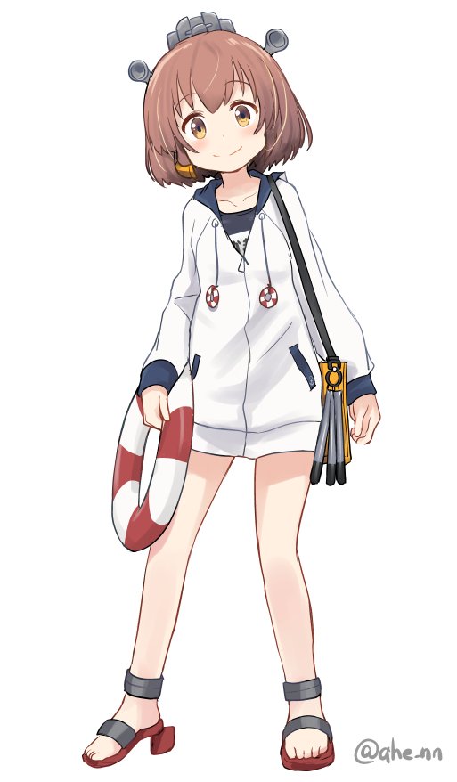 1girl ahenn anchor anchor_symbol bag bangs blush brown_hair collarbone eyebrows_visible_through_hair full_body handbag headgear holding hood hood_down hooded_jacket innertube jacket kantai_collection long_sleeves name_tag one-piece_swimsuit short_hair simple_background smile solo swimsuit swimsuit_under_clothes torpedo twitter_username white_background yellow_eyes yukikaze_(kantai_collection)