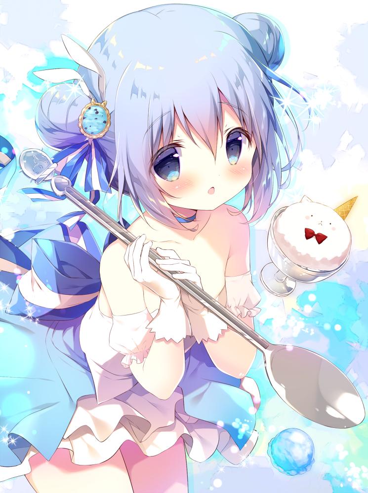 1girl :o angora_rabbit bangs bare_shoulders blue_bow blue_choker blue_eyes blue_hair blush bow bowtie choker collarbone commentary_request cup detached_sleeves double_bun dress eyebrows_visible_through_hair food gloves gochuumon_wa_usagi_desu_ka? hair_between_eyes hair_bow hair_ornament hands_up holding holding_spoon ice_cream ice_cream_cone in_container in_cup kafuu_chino leaning_forward parted_lips puffy_short_sleeves puffy_sleeves rabbit red_neckwear shiratama_(shiratamaco) short_sleeves spoon strapless strapless_dress striped striped_bow tippy_(gochiusa) white_dress white_gloves white_sleeves