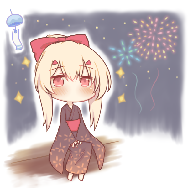 1girl aerial_fireworks ayanami_(azur_lane) azur_lane bangs barefoot black_kimono blush bow chibi commentary_request eyebrows_visible_through_hair fireworks floral_print hair_between_eyes hair_bow hair_bun hair_ornament hairclip hands_on_lap japanese_clothes kimono long_sleeves night night_sky obi print_kimono red_bow red_eyes sakurato_ototo_shizuku sash sidelocks sitting sky sleeves_past_wrists solo star_(sky) starry_sky wind_chime