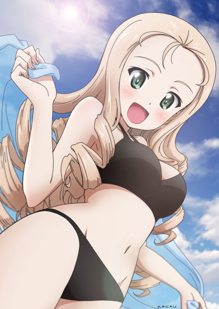 1girl artist_name bikini black_bikini blonde_hair blue_sky blue_towel clouds commentary_request cowboy_shot day drill_hair from_below girls_und_panzer green_eyes kanau long_hair looking_at_viewer marie_(girls_und_panzer) open_mouth outdoors side-tie_bikini sky smile solo swimsuit towel