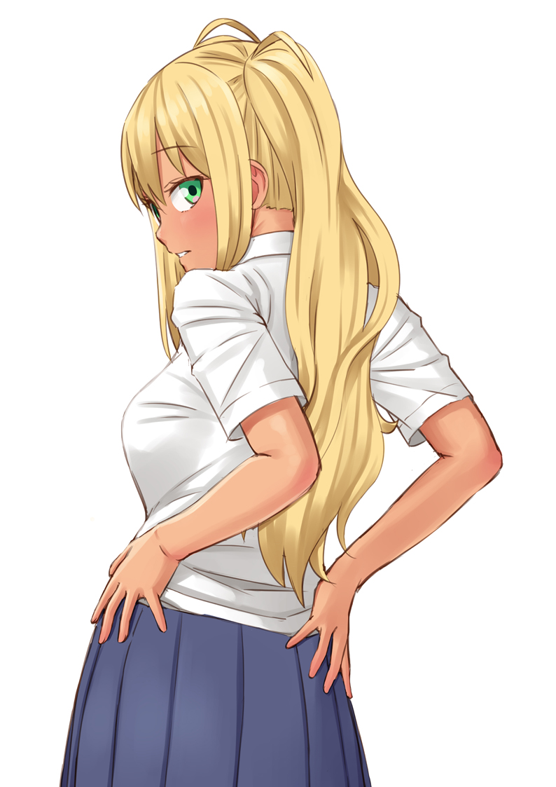 1girl blonde_hair blue_skirt commentary_request danberu_nan_kiro_moteru? dark_skin easy_(aqk7bdqt) from_behind ganguro green_eyes hands_on_hips hands_on_own_ass long_hair looking_at_viewer looking_back parted_lips pleated_skirt sakura_hibiki_(danberu_nan_kiro_moteru?) school_uniform shirt sidelocks simple_background skirt solo twintails very_long_hair white_background white_shirt