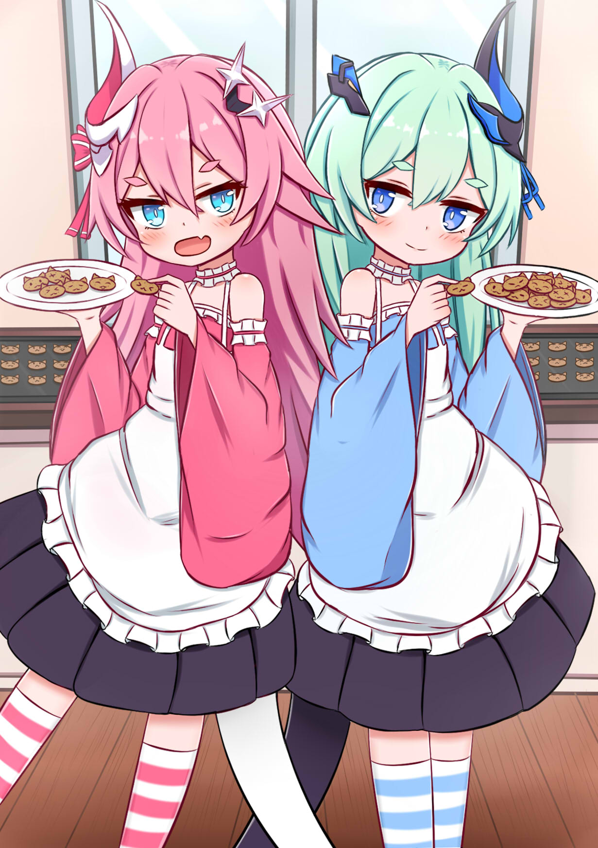 &gt;_&lt; 2girls :d apron bangs black_skirt blue_eyes blue_ribbon blue_sleeves blush bow closed_mouth commentary_request cookie detached_sleeves eyebrows_visible_through_hair fang food frilled_apron frills green_hair hair_between_eyes hair_bow hair_ornament hair_ribbon highres holding holding_food holding_plate honkai_(series) honkai_impact_3rd horn indoors jiu_(sdesd3205) liliya_olyenyey long_sleeves multiple_girls open_mouth pink_bow pink_hair pink_sleeves plate pleated_skirt ribbon rozaliya_olyenyey short_eyebrows skirt smile strapless striped striped_bow striped_legwear tail thick_eyebrows thigh-highs white_apron wide_sleeves window wooden_floor