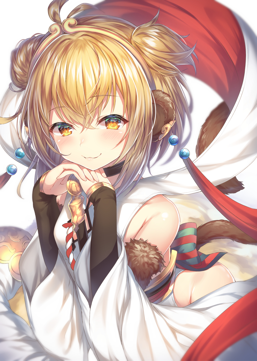 1girl :3 andira_(granblue_fantasy) animal_ears antenna_hair blonde_hair blush closed_mouth erune eyebrows_visible_through_hair granblue_fantasy highres looking_at_viewer monkey_ears monkey_tail short_hair simple_background solo tail topia twintails two_side_up white_background wide_sleeves yellow_eyes