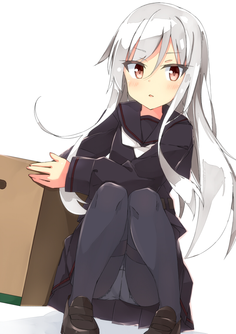 1girl bangs beritabo black_footwear black_legwear black_sailor_collar black_serafuku black_shirt black_skirt blush box cardboard_box dutch_angle eyebrows_visible_through_hair hair_between_eyes holding holding_box kantai_collection kikuzuki_(kantai_collection) knees_together_feet_apart loafers long_hair long_sleeves neckerchief panties panties_under_pantyhose pantyhose parted_lips pigeon-toed pleated_skirt red_eyes sailor_collar school_uniform serafuku shadow shirt shoes silver_hair simple_background skirt solo squatting thighband_pantyhose underwear very_long_hair white_background white_neckwear white_panties