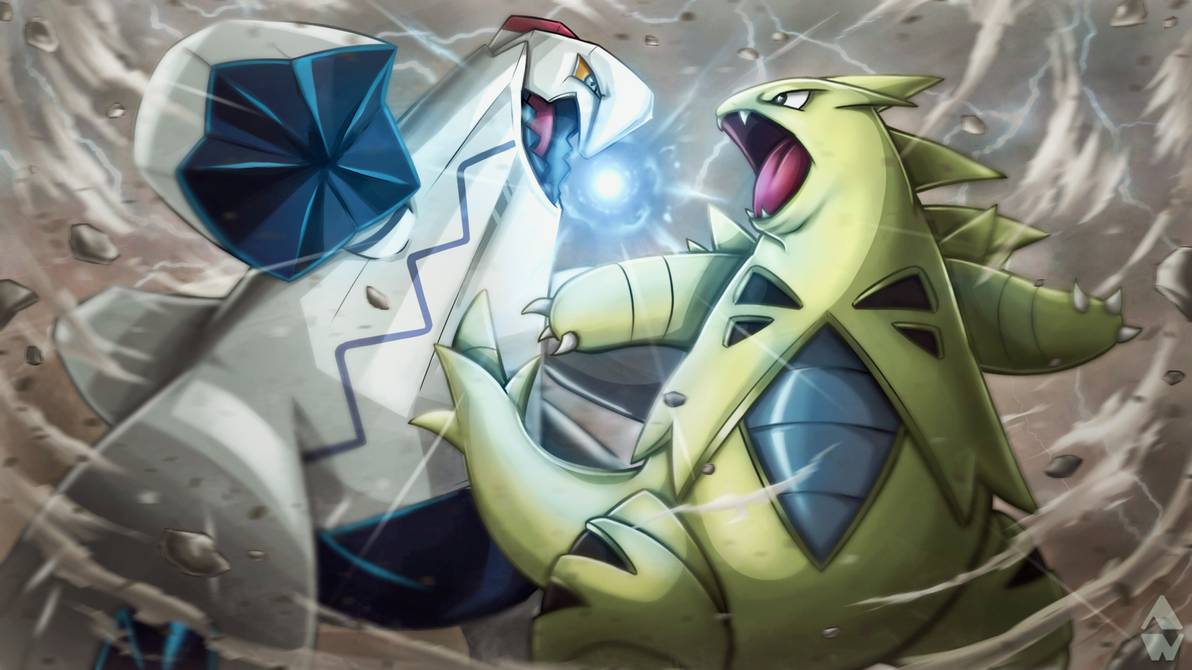 albert-wlson artist_name battle debris dragon duraludon energy_ball fangs gen_2_pokemon gen_8_pokemon metallic_skin no_humans open_mouth pokemon pokemon_(creature) pokemon_(game) sandstorm sharp_teeth tongue tyranitar