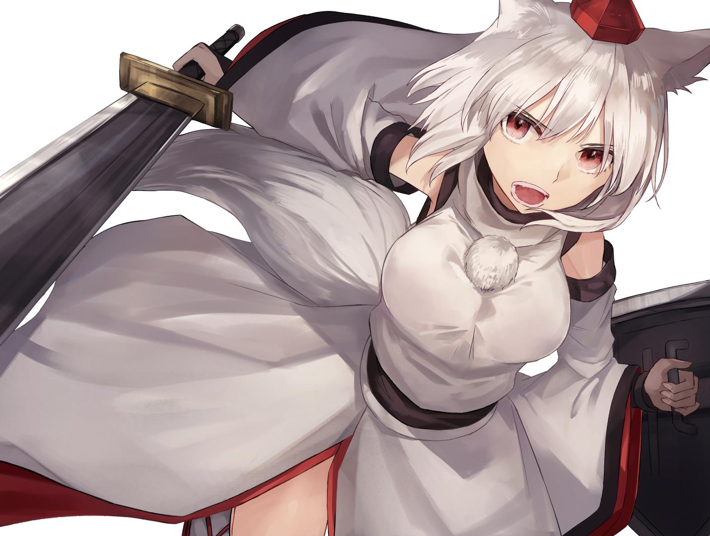 1girl animal_ear_fluff animal_ears bangs bare_shoulders breasts commentary_request detached_sleeves eyebrows_visible_through_hair fangs hat holding holding_shield holding_sword holding_weapon inubashiri_momiji large_breasts long_sleeves looking_at_viewer open_mouth pom_pom_(clothes) red_eyes sandals shield shirt short_hair side_slit silver_hair simple_background skirt skirt_set socks solo sword tail thkani tokin_hat touhou weapon white_background white_legwear white_shirt white_skirt wide_sleeves wolf_ears wolf_tail