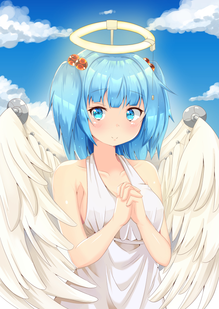 1girl alternate_costume angel_wings bangs bare_arms blue_eyes blue_hair blue_sky blush breasts clouds collarbone commentary_request day dress eyebrows_visible_through_hair fake_halo fake_wings feathered_wings hair_bobbles hair_ornament hands_clasped kawashiro_nitori looking_at_viewer mechanical_wings medium_breasts outdoors own_hands_together rururiaru short_hair sideboob sky sleeveless sleeveless_dress smile solo standing sundress touhou twintails white_dress wings