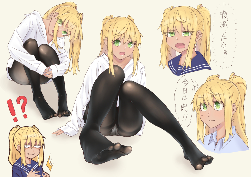 !? 1girl ahoge alternate_costume arm_support ayame310 black_legwear blonde_hair commentary_request danberu_nan_kiro_moteru? dark_skin dress_shirt eyelashes fang ganguro green_eyes grey_background head_tilt knees_up legs long_hair looking_at_viewer multiple_views navy_blue_serafuku no_pants panties panties_under_pantyhose pantyhose pantyshot pantyshot_(sitting) sakura_hibiki_(danberu_nan_kiro_moteru?) shirt sidelocks simple_background sitting solo thighband_pantyhose toes translation_request twintails underwear white_shirt