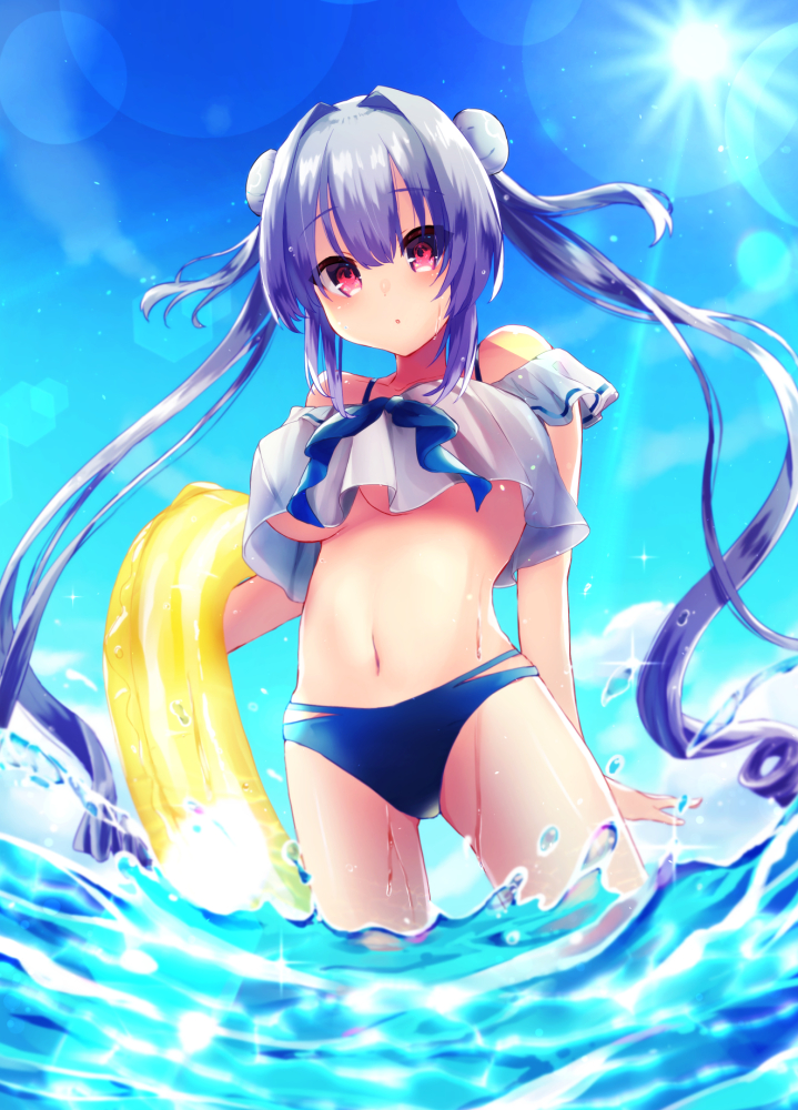 1girl :o bangs bare_shoulders beniko_(ymdbnk) blue_bikini_bottom blue_hair blue_sky blush breasts clouds commentary_request crop_top crop_top_overhang day double_bun eyebrows_visible_through_hair hair_between_eyes innertube large_breasts long_hair looking_at_viewer original outdoors parted_lips red_eyes sidelocks sky solo standing twintails under_boob very_long_hair wading water wet