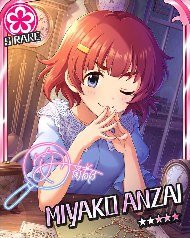 anzai_miyako blue_eyes blush character_name dress idolmaster idolmaster_cinderella_girls redhead short_hair smile stars wink