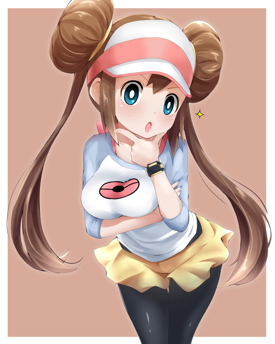 1girl :o black_legwear blue_eyes blush breast_hold breasts brown_hair commentary_request cowboy_shot double_bun highres leaning_forward looking_at_viewer low_twintails medium_breasts mei_(pokemon) open_mouth pantyhose pokemon pokemon_(game) shorts twintails visor_cap watarui