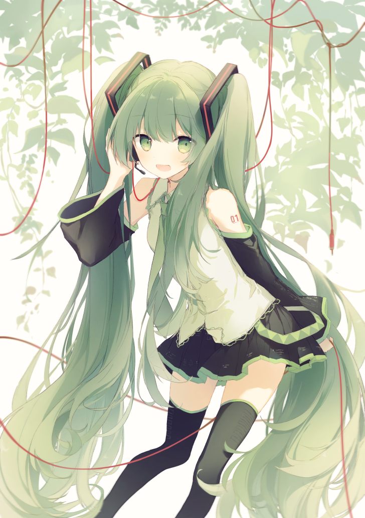 1girl :d bangs bare_shoulders black_legwear black_skirt black_sleeves blush collared_shirt commentary_request detached_sleeves eyebrows_visible_through_hair green_eyes green_hair hair_ornament hand_up hatsune_miku headset leaning_forward long_hair long_sleeves open_mouth pleated_skirt shirt sidelocks skirt sleeveless sleeveless_shirt smile solo suzumori_uina thigh-highs twintails very_long_hair vocaloid white_shirt