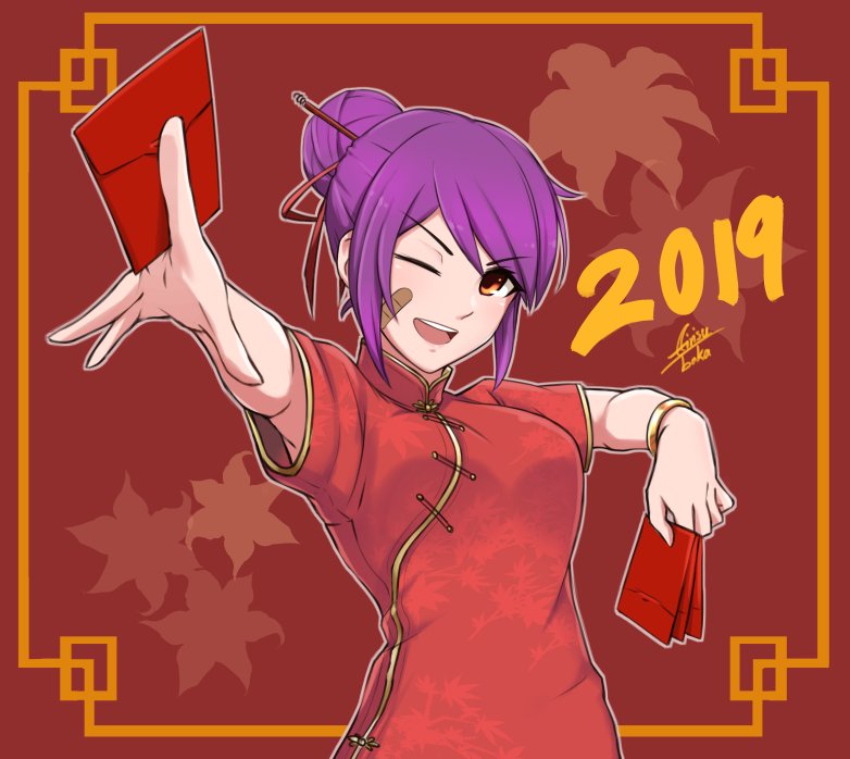 1girl 2019 airisubaka bangs brown_eyes china_dress chinese_clothes commentary dress english_commentary eyebrows_visible_through_hair hair_bun hair_ornament holding leah_(airisubaka) one_eye_closed original red_background red_dress red_ribbon ribbon signature solo upper_body upper_teeth v-shaped_eyebrows