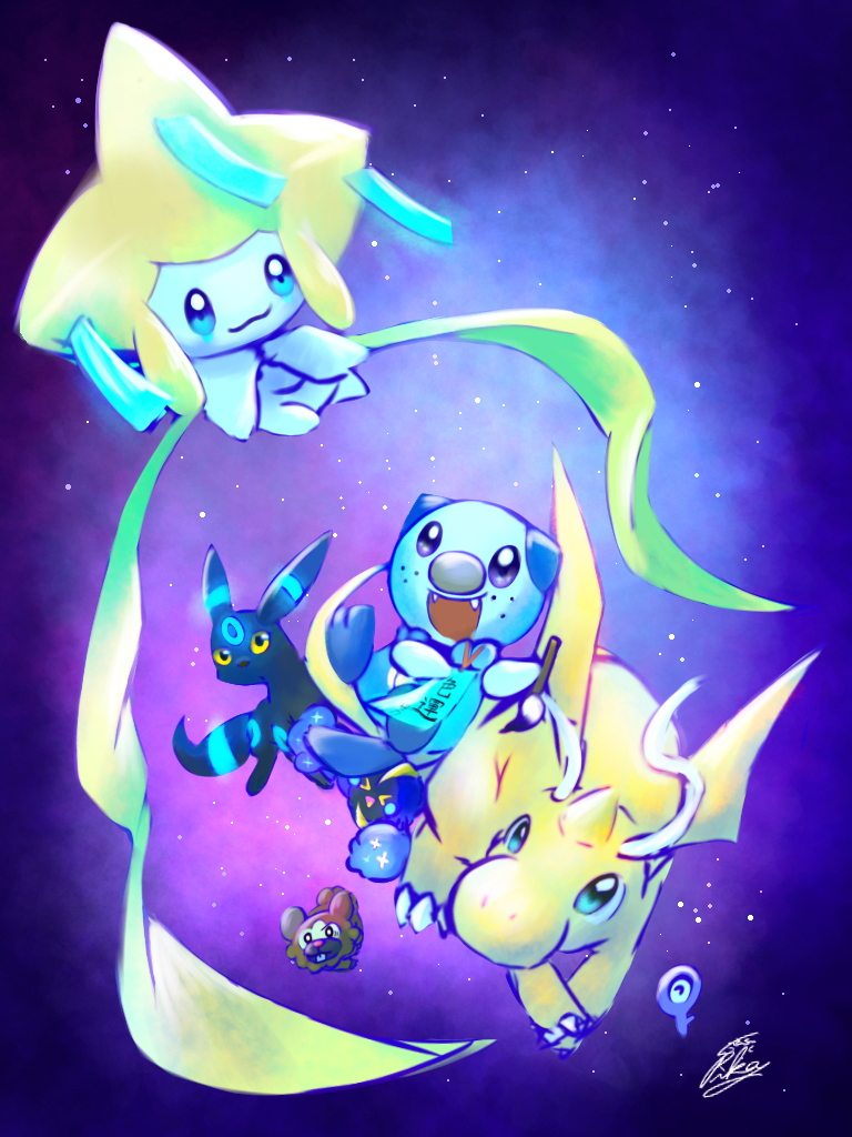 bidoof cosmog dragonite glowing jirachi no_humans oshawott paintbrush pika_(eretisu579) pokemon pokemon_(creature) pokemon_(game) space tanabata umbreon unown