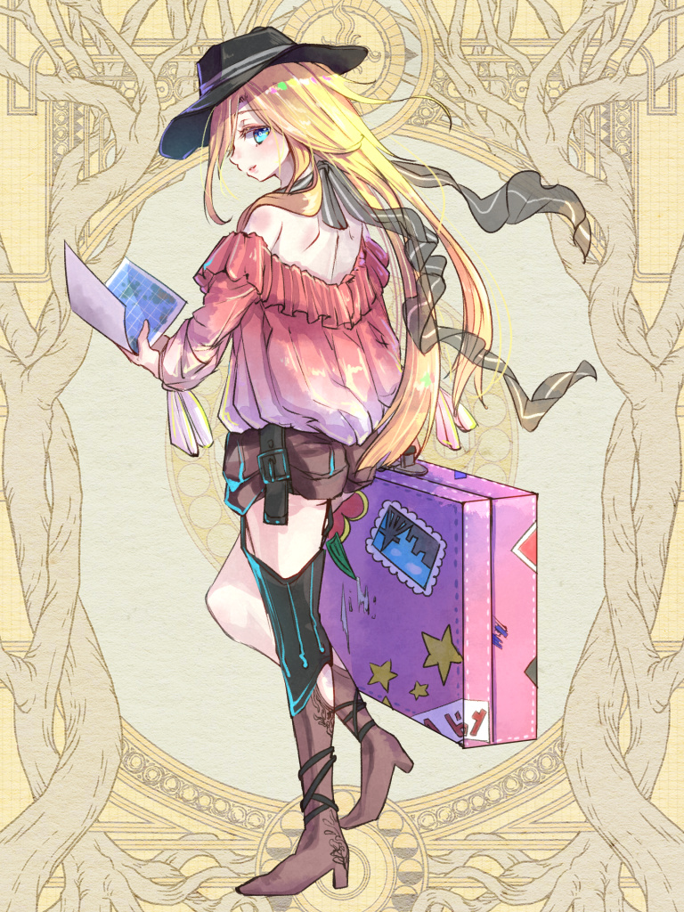 1girl ashgray bare_shoulders black_headwear black_legwear blonde_hair blue_eyes boots bow brown_footwear brown_shorts dairoku_youhei full_body harriet_millions hat holding_suitcase long_hair looking_at_viewer looking_back luggage map see-through shorts shoulder_blades simple_background solo standing suitcase very_long_hair