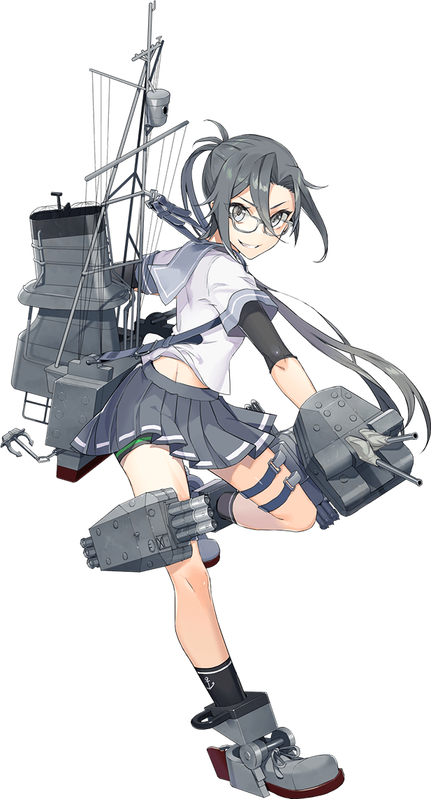 1girl airisubaka black_hair black_legwear character_request commentary copyright_request english_commentary full_body glasses grey_eyes grey_skirt hair_between_eyes looking_at_viewer miniskirt pleated_skirt ponytail school_uniform short_sleeves skirt smile socks solo tagme