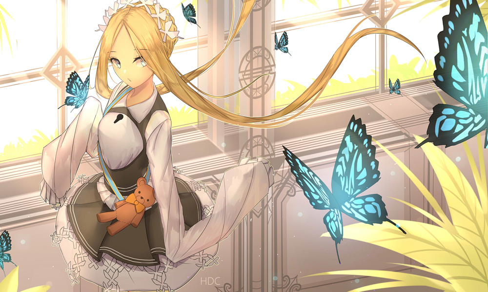 1girl abigail_williams_(fate/grand_order) bangs bikuwa black_skirt blonde_hair blue_eyes blush braid breasts bug butterfly dress fate/grand_order fate_(series) forehead french_braid heroic_spirit_chaldea_park_outfit holding holding_stuffed_animal insect long_hair long_sleeves looking_at_viewer maid_headdress parted_bangs sash sidelocks skirt sleeves_past_fingers sleeves_past_wrists solo stuffed_animal stuffed_toy teddy_bear very_long_hair white_dress window