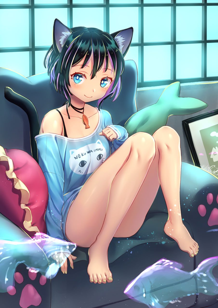 1girl animal_ears aqua_eyes armchair bare_legs cat_ears chair highres jewelry mitake_eiru multicolored_hair nail_polish necklace original pillow shirt sitting toenail_polish two-sided_hair two-tone_hair