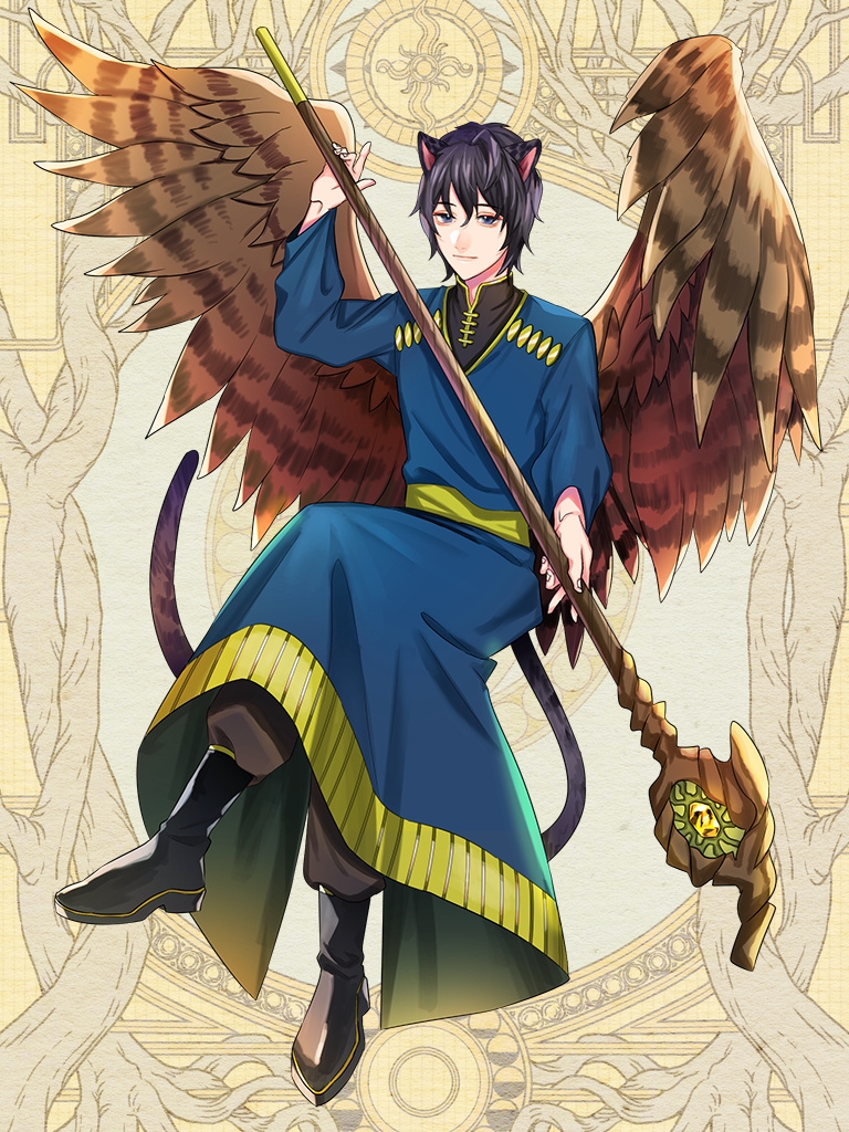 1boy animal_ears black_footwear black_hair blue_robe boots brown_wings cat_ears cat_tail dairoku_youhei feathered_wings full_body holding holding_staff invisible_chair looking_at_viewer male_focus ponponpananda sitting solo staff tail wings