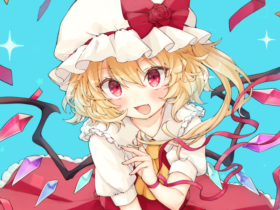 1girl :d ascot bangs blonde_hair blue_background blush bow commentary_request crystal eyebrows_visible_through_hair fang flandre_scarlet flower hair_between_eyes hand_up hat hat_bow hat_flower honotai long_hair looking_at_viewer mob_cap one_side_up open_mouth petticoat puffy_short_sleeves puffy_sleeves red_bow red_eyes red_flower red_ribbon red_rose red_skirt red_vest ribbon rose shirt short_sleeves simple_background skin_fang skirt smile solo sparkle touhou upper_body vest white_headwear white_shirt wings wrist_ribbon yellow_neckwear