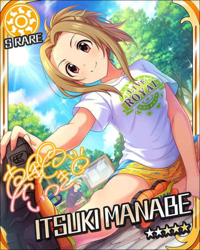 blush brown_eyes brown_hair character_name idolmaster idolmaster_cinderella_girls manabe_itsuki shirt short_hair stars