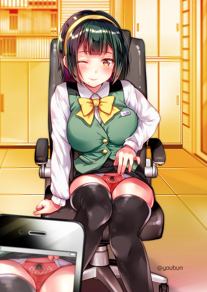 1girl ;) black_legwear blush bow bowtie breasts cellphone chair closed_mouth commentary_request green_hair hairband idolmaster idolmaster_(classic) indoors koari large_breasts long_sleeves looking_at_viewer one_eye_closed otonashi_kotori panties pantyshot pantyshot_(sitting) phone red_panties shirt short_hair sitting smile solo_focus thigh-highs twitter_username underwear white_shirt yellow_eyes yellow_hairband yellow_neckwear