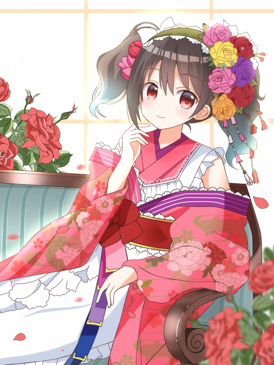 1girl apron bangs bare_shoulders blurry blurry_foreground blush bow brown_flower brown_hair brown_rose closed_mouth commentary_request depth_of_field eyebrows_visible_through_hair floral_print flower frilled_apron frills hair_between_eyes hair_flower hair_ornament hand_up highres japanese_clothes kimono long_sleeves love_live! love_live!_school_idol_project obi off_shoulder petals pink_flower pink_kimono pink_rose print_kimono purple_flower purple_rose red_bow red_eyes red_flower red_rose rose ryoutan sash sidelocks sitting sleeves_past_wrists smile solo twintails white_apron wide_sleeves yazawa_nico yellow_flower yellow_rose