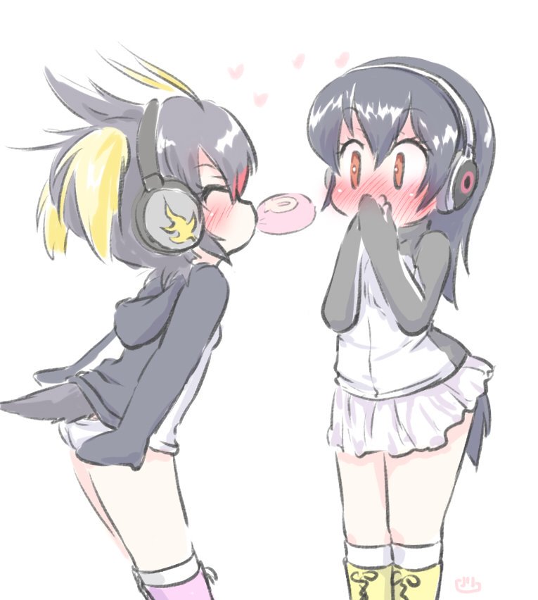 2girls ^_^ arms_at_sides bangs black_hair blonde_hair blush boots brown_eyes closed_eyes covering_mouth embarrassed eyebrows_visible_through_hair facing_another flustered food food_in_mouth full-face_blush gentoo_penguin_(kemono_friends) hair_between_eyes headphones heart hood hood_down hoodie japari_bun kemono_friends knee_boots kneehighs listening long_hair looking_at_another mouth_hold multicolored_hair multiple_girls panties penguin_tail pink_footwear redhead rockhopper_penguin_(kemono_friends) short_hair simple_background skirt tail two_side_up uho_(uhoyoshi-o) underwear white_background white_legwear white_panties white_skirt yellow_footwear yuri