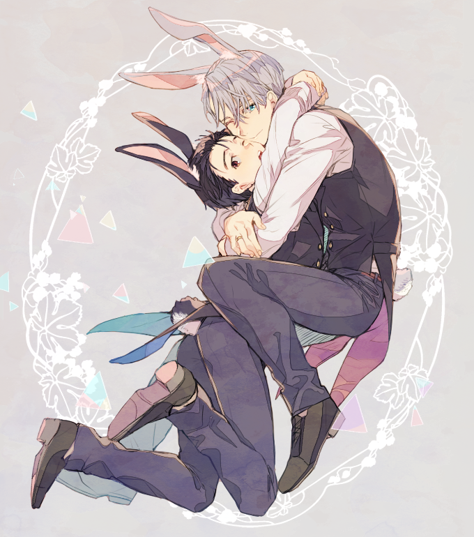 2boys animal_ears black_hair blue_eyes brown_eyes bunny_boy bunny_tail cheek-to-cheek extra_ears hug jewelry katsuki_yuuri kuroemon male_focus multiple_boys one_eye_closed rabbit_ears ring silver_hair tail tailcoat viktor_nikiforov yuri!!!_on_ice