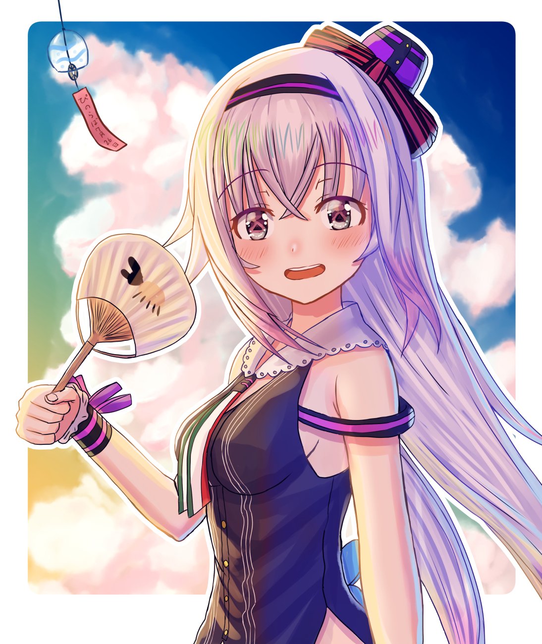 .live 1girl bangs black_hairband blush bow breasts buttons carro_pino commentary fan hair_between_eyes hairband hat highres holding holding_fan konsome long_hair looking_at_viewer open_mouth outdoors paper_fan purple_hair round_teeth sideboob sleeveless small_breasts smile solo striped sunset teeth uchiwa upper_body very_long_hair violet_eyes virtual_youtuber wind_chime wristband