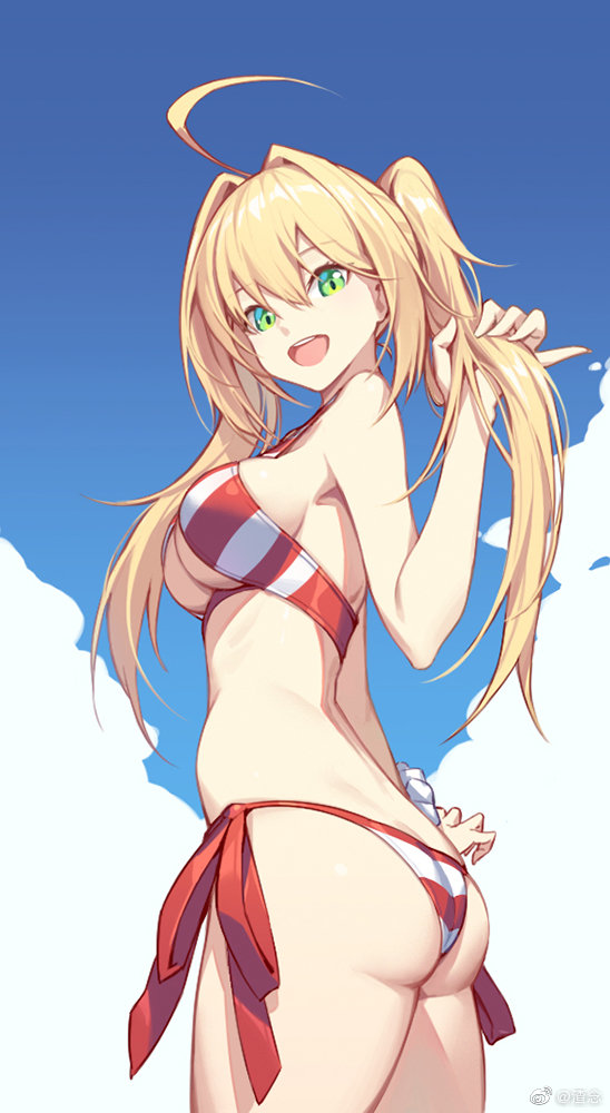 1girl ahoge ass bikini blonde_hair blue_sky breasts cowboy_shot day fate/grand_order fate_(series) from_side green_eyes large_breasts long_hair looking_at_viewer looking_back nero_claudius_(fate)_(all) nero_claudius_(swimsuit_caster)_(fate) nian outdoors side-tie_bikini sideboob sky solo striped striped_bikini swimsuit twintails under_boob weibo_username