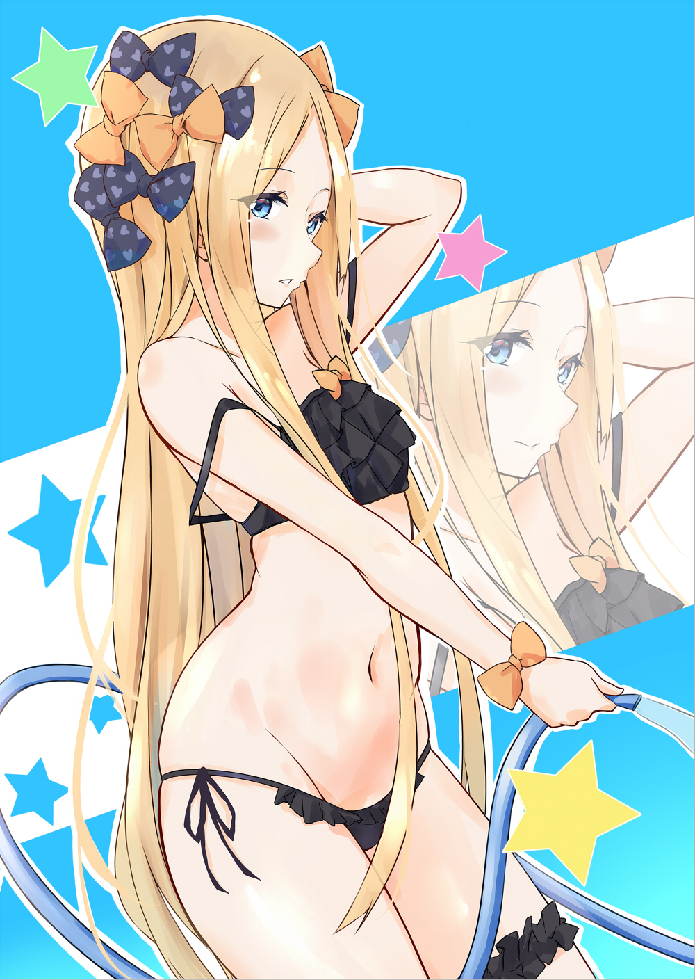 1girl abigail_williams_(fate/grand_order) arm_up bangs bare_arms bare_shoulders bikini black_bikini black_bow blonde_hair blue_eyes blush bow closed_mouth commentary_request eyebrows_visible_through_hair fate/grand_order fate_(series) groin hair_bow heart heart_print highres holding holding_hose hose long_hair navel orange_bow outline parted_bangs parted_lips print_bow saku_(kudrove) side-tie_bikini star strap_slip swimsuit very_long_hair water white_outline