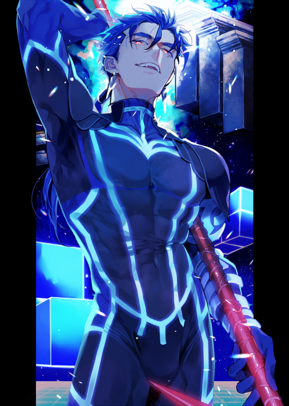 1boy black_bodysuit blue_bodysuit blue_hair bodysuit earrings fangs fate/extra fate_(series) gae_bolg holding holding_weapon jewelry lancer long_hair looking_at_viewer male_focus polearm ponytail red_eyes skin_tight solo spear tatsuta_age turtleneck weapon