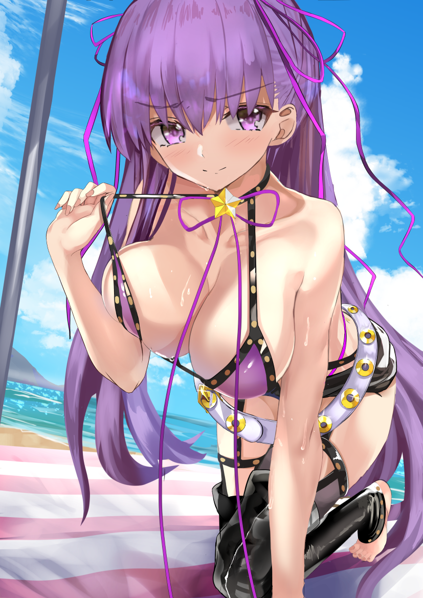 1girl all_fours bb_(fate)_(all) bb_(fate/extra_ccc) beach black_legwear blush breasts clouds collarbone commentary_request day eyebrows_visible_through_hair fate/grand_order fate_(series) hair_ribbon kesoshirou large_breasts long_hair looking_at_viewer outdoors pink_nails purple_hair purple_ribbon ribbon smile solo star thigh-highs very_long_hair violet_eyes