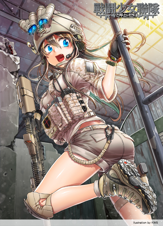 1girl america american_flag ammunition_pouch artist_name ass assault_rifle blue_eyes brown_hair combat_girls_regiment commentary_request fang gloves gun helmet knee_pads kws long_hair m4_carbine military military_operator military_uniform night_vision_device original pouch rifle shorts sling solo uniform weapon