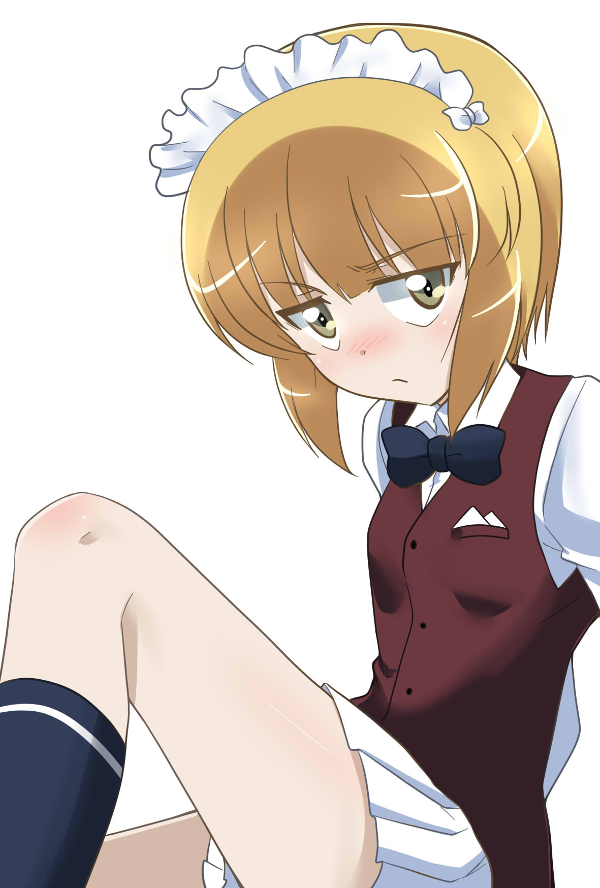 1girl bangs blonde_hair blunt_bangs blush bow bowtie cutlass_(girls_und_panzer) girls_und_panzer highres looking_to_the_side maid_headdress pout red_vest short_hair skirt solo thighs vest waitress wakku_kan yellow_eyes