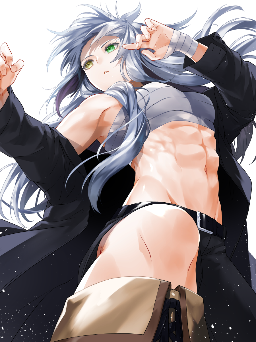 1girl abs armpits arms_up bandages bangs belt black_shorts breasts buckle buttons coat commentary_request cowboy_shot fighting_stance fingernails from_below green_eyes groin heterochromia highres long_hair long_sleeves looking_to_the_side messy_hair midriff muscle muscular_female navel off_shoulder original sarashi shiny shiny_hair shiny_skin shorts sidelocks silver_hair simple_background small_breasts solo unbuttoned_sleeves waka_(shark_waka) white_background yellow_eyes