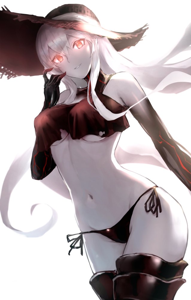 1girl aircraft_carrier_oni aircraft_carrier_summer_hime bangs bikini black_bikini boots breasts glowing glowing_eyes grin groin hair_between_eyes hat hip_bones kantai_collection long_hair looking_at_viewer navel pale_skin red_eyes shinkaisei-kan side-tie_bikini simple_background smile solo sun_hat swimsuit thigh-highs thigh_boots under_boob weasel_(close-to-the-edge) white_background white_hair white_skin